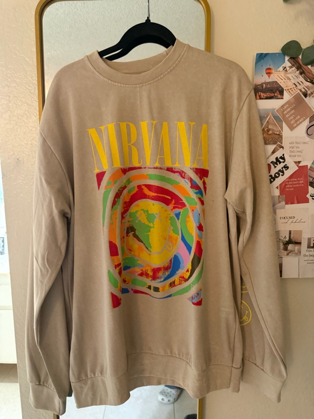 NIRVANA Beige Crewneck with Yellow Logo and Multicolor Graphic